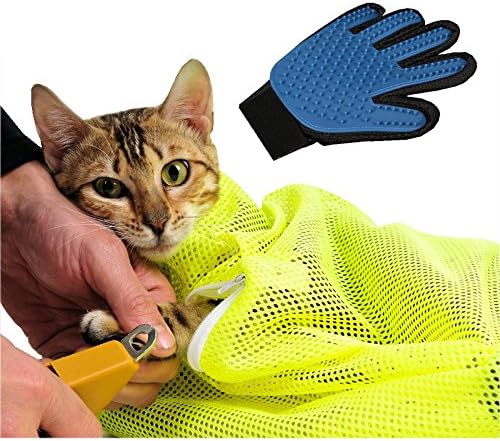 Cestlafit Pet Dog Cat Grooming Glove Brush And Washing Bath Bag Set, Deshedding Glove And Polyester Mesh Bag For Shower, Pack of 2