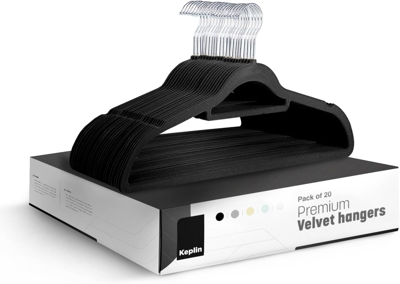 KEPLIN Velvet Hangers 20 Pack - Non-Slip Clothes Hangers with Tie Bar & 360° Hook - Durable & Sturdy, Space-Saving Wardrobe Organisers for Suits, Jackets & Clothes- Home Storage Solution (Black)