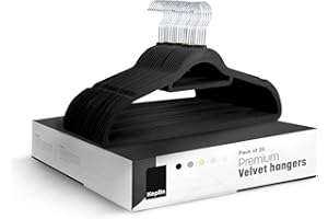 KEPLIN Velvet Hangers 20 Pack - Non-Slip Clothes Hangers with Tie Bar & 360° Hook - Durable & Sturdy, Space-Saving Wardrobe Organisers for Suits, Jackets & Clothes- Home Storage Solution (Black)