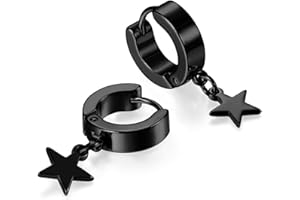 JewelryWe Pair of Mens Womens Stainless Steel Stud Hoop Huggie Star Moon Dangle Charms Earrings Hinged Earring Set