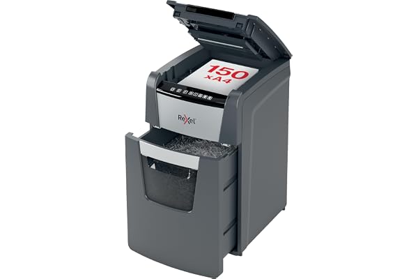 Rexel 2020150X Auto+ 150X – Destructeur de Documents Automatique Coupe Croisée Sécurité P4, Capacité 150 Feuilles, Corbeille 44 litres Amovible