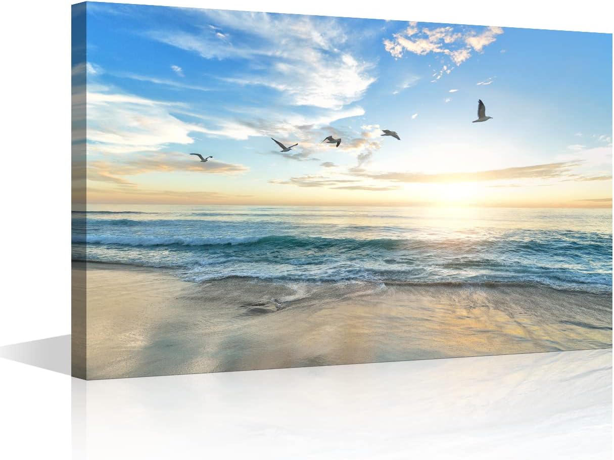 Canvas Prints Wall Art Beach Sunset Ocean Waves Seagulls Nature Pictures Stretched Canvas Wooden Framed for living Room Bedroom and Office 16x24inch