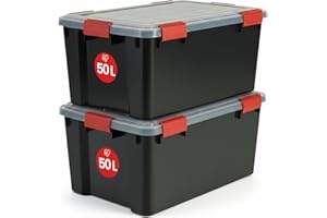 Iris Ohyama 2 Cajas herméticas de plástico con tapa y cierres a presión, 50L, Negro, sello impermeable, apilables, antipolvo, para ropas, camping, exteriores, cubo de almacenaje, box, AT-L
