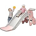 SOOFAM 3 in 1 Toddler Slide,Foldable multi-function Indoor Household Kids Slide for Toddlers Age 1+ Baby with Climber Slide Playset and Basketball Hoop and Ball (Pink)