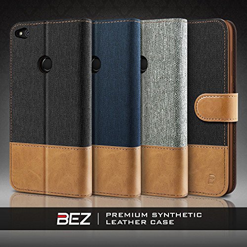 BEZ Cover Huawei P8 Lite 2017, Custodia Portafoglio Huawei P8 Lite 2017 Protettiva in Tela e PU Pelle Libro Flip Case con Porta Carte Funzione Appoggio, Chiusura Magnetica, Nero