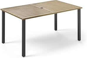 MFSTUDIO 152 x 92 x 73cm Garden Table, Outdoor Dining Table with Teak Color Table Top, Metal Rustproof Steel Frame, Adjustable Diameter of Umbrella Hole (4-5cm)