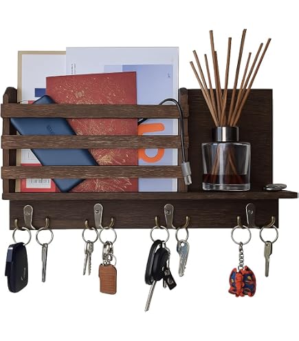 Porte-Clés Mural En Bois SAMISO - Avec Étagère Et 4 Crochets Doubles - Organisateur Entrée, Salon