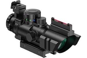 Feyachi R122 Rifle Scope, 4X32mm Red/Green/Blue Illuminated Rapid Range Reticle, Red Dot Sight with 2 Top Fibre Optic Sights, Airsoft Gun Scope Compatible with 20mm/22mm Picatinny Rail Mounts