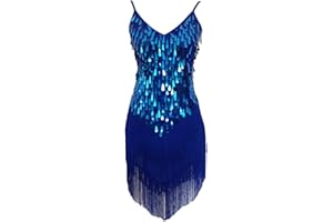 Grouptap Womens flapper gatsby sequin tassel ballroom dance sling skirt blue/purple/pink red latin salsa tango samba cha cha rumba dress size 6/8/10/12