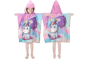MONTRESTAR Badeponcho Kinder mit Kapuze, Mikrofaser Poncho Handtuch Einhorn, Saugfähig Bademantel Badetuch Mädchen, Schwimmen Pool Badetücher Strandtuch für Mädchen Jungen Kleinkind (Kinderhöhe: 85-110cm)