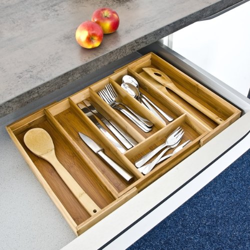 Relaxdays Besteckkasten aus Bambus H x B x T: ca. 33,5 x 29 – 45 x 5 cm ausziehbarer Besteckeinsatz als Küchenorganizer und Schubladeneinsatz große Besteckeinlage mit 5 bis 7 Fächern Organizer aus Holz, natur - 2