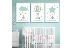 Youihom 3 Affiche Chambre Bebe Tableau Nuage Etoiles Ballon Menthe Verte Poster Islamique Enfant Garcon Fille Cadeau Toile 30x40 sans Cadre