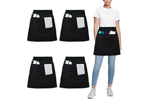 umboom 4 Pieza Delantal Camarero, Corto Cocina Delantale con 3 Bolsillo para Mujer Hombre Chef, Mandil Restaurante Cafetería
