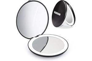 wobsion Miroir de Maquillage de Voyage éclairé par LED, 1x/10x à grossissement Miroir Compact, Portable pour Sac à Main, Poche, Miroir Pliable éclairé de 9cm, Miroir portatif à Deux Faces, Rond, Noir