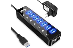 Atolla Hub USB 3.0 7 Ports Multi Hub USB Alimenté avec Interrupteur Indépendant et 5V/4A 20W Adaptateur Alimentation
