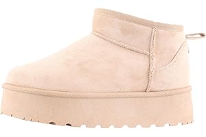 MIOBER Women's Suede Platform Mini Low Ankle Boots,Slip On,Ladies Faux Fur Ultra Snow Boot,Winter Shoes