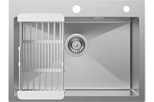 CECIPA évier Cuisine1 Bac avec Égouttoir et Siphon, Évier Inox Brossé 304 Carré 60x45 cm, Encastré 2 Trous Robinetterie, Exterieur Camping Car CHG0625