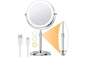 Gospire Lighted Makeup Mirror with Magnification 10X, Height Adjustable & 3 Color Dimmable Lights 7" Cosmetic Mirror, 360° Swivel Double Sided Rechargeable LED Vanity Mirror Cordless Standing Mirror