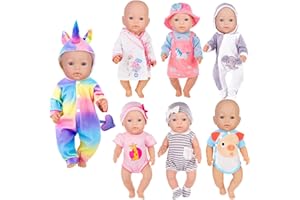 EBUDDY 7 Sets Doll Clothes Accessories for 43cm 17 inch Baby Dolls include Cartoon Style Rompers, Dress, Night-gown and Hat (No Doll)