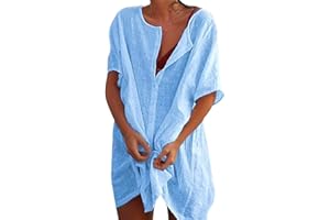 Svanco Mujer Vestido de Playa Transparentes Algodón Blusa de Bikini Cover up Suelto Verano Camisolas y Pareos Color Sólido Casual Ropa de Playa con Boton Trajes de Baño Pareos