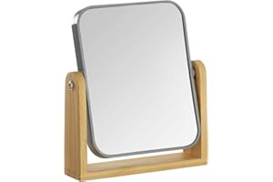 YEAKE Doppelseitiger Schminkspiegel mit 3-facher Vergrößerung und Bambusständer, Kleiner Tischspiegel mit 360° drehbar, tragbarer Kosmetikspiegel, gut für Tische, Reisen, Grau