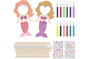 HWSWSH 14 Pezzi Kit Specchio Sirena in Legno con 2 Adesivi e 12 Penne Acquerello, Specchio Ragazza in Legno Fai da Te, Kit Specchio Sirena Fai da Te Artigianato per Ragazze, Bambini, Regali