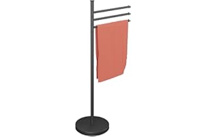 Relaxdays Piantana Portasciugamani da Terra, 3 Bracci Rotanti Porta Asciugamani Bagno, 85,5x42x22 cm, Acciaio Inox, Nero, Plastica