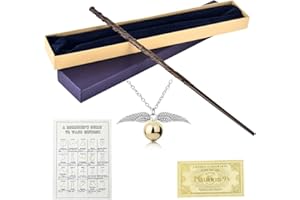 WDKXCN Varita Hermione Granger, 35CM Hermione Varita de Acero y Resina, Mágica Varitas en Caja de Regalo con Tarjeta de Hechizo, Collar y Ticket de Estación
