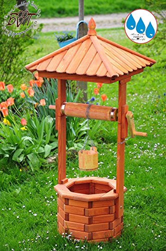 XXL Brunnen, Garten-Brunnen ca. 130-140 cm, HOLZ einstöckig Designer-KLASSIK MIT Rolle & Eimer , EXP140-he-OS, voll funktionstüchtig,schöne Details, Metallkette Deko-Brunnen Outdoor, Brunnen mit Eimer und Rolle ohne Solar, Solarlicht, Beleuchtung, Innenbeleuchtung 1,40 m groß hellbraun braun Brunnenrolle - Leisten brauner Korpus unten, für Innen- und Außenbereich, Spitze, Garten und Terrasse, wunderschöne Gartenzierde