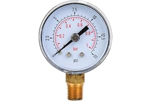 SPACNANA 1/8 BSPT Manometer, 1/8 Zoll BSPT Mechanisches Wassermanometer Doppelter Skalenbodenanschluss für Luftöl, Luftkompressorzubehör (0-15 psi, 0-1 bar)