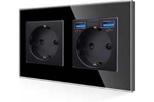 JIMEIDA Enchufe Doble con USB en Negro, Enchufes Schuko de Cristal de 16A con Conexión USB de Carga Rápida Max.2.1A, Enchufe de Pared de Montaje Empotrado-157 * 86mm, 250V, 2 compartimento