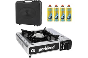 DEEJAAH Camping Stove with Carry Case and 4 Butane Gas Canisters - Premium Portable Chrome Finishing Gas Stove EN417 Compliant With Heat Control, Piezo Ignition system- Outdoor Cooker For Picnic & Garden