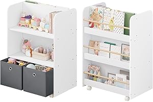 WOLTU Libreria per Bambini con Ruote 2 in 1, Porta Libri e Giocattoli, Libreria a 3 Ripiani e Portagiochi con Scatole e Scomparti Aperti per Camerette, Asili, in Legno, Bianco, 62,5x40x82,5cm