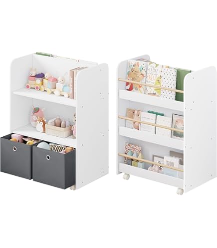 Relaxdays Libreria Bambini Con 3 Ripiani E Cesta Portagiochi - Organizzatore Cameretta 70x50,5x28 Cm Bianco Grigio - Foto 2