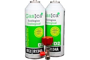 RALERTREIK Todoeléctrico - Gasica D2 PACK AHORRO (2x226Gr) Botellas Gas Refrigerante Ecológico Gasica D2 sustituto de R12, R134A más llave recarga gas para aire acondicionado