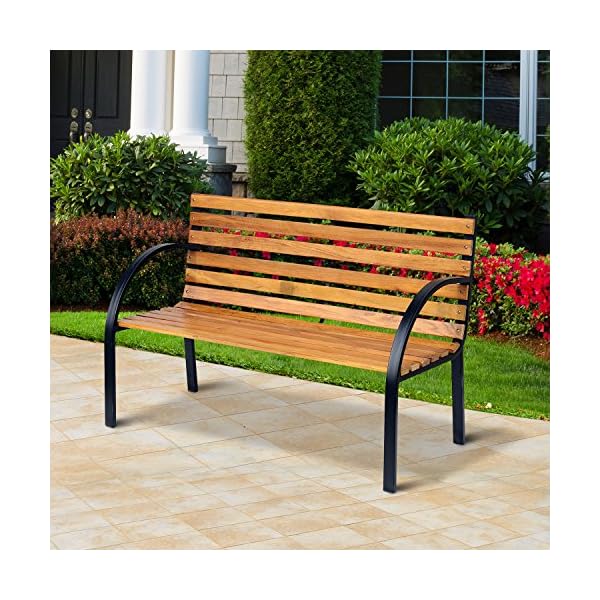 Outsunny Gartenbank Sitzbank Parkbank 2-Sitzer Garten Stahl+Kiefernholz Natur B122 x T60 x H83 cm – Bild 3