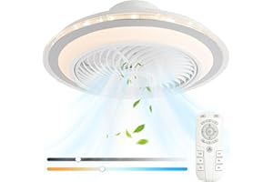 oxylops Ventilador de techo iluminable, ventilador de techo de 5 aspas, LED 40W, motor 12wDC, luz amarilla cálida/neutra/blanca, 6 velocidades, adecuado para dormitorio, salón, estudio y cocina.