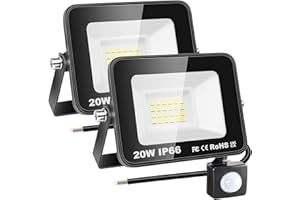 RIGIDON 2x 20W Faretto con Sensore di Movimento, 2000 LM 6000K Bianco Freddo Proiettori Faretto LED da Esterno, Fari di Sicurezza, Luci Esterno Per Giardino, Garage, Strada, Patio, Terrazza, Cortile