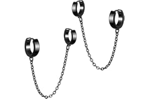 MicVivien Unisex Double Hoop Earrings Men Women Stainless Steel Small Hoop Tassel Chain Dangle Drop Piercing Ear Cuff Cartilage Personalized Punk Gothic Rock Jewelry