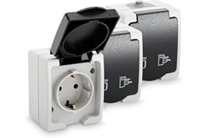 GREATE. ABSINA Prise de courant de sécurité apparente pour locaux humides - 3x prise de courant de sécurité apparente simple avec couvercle rabattable IP44, 250V, 16A, 2 pôles