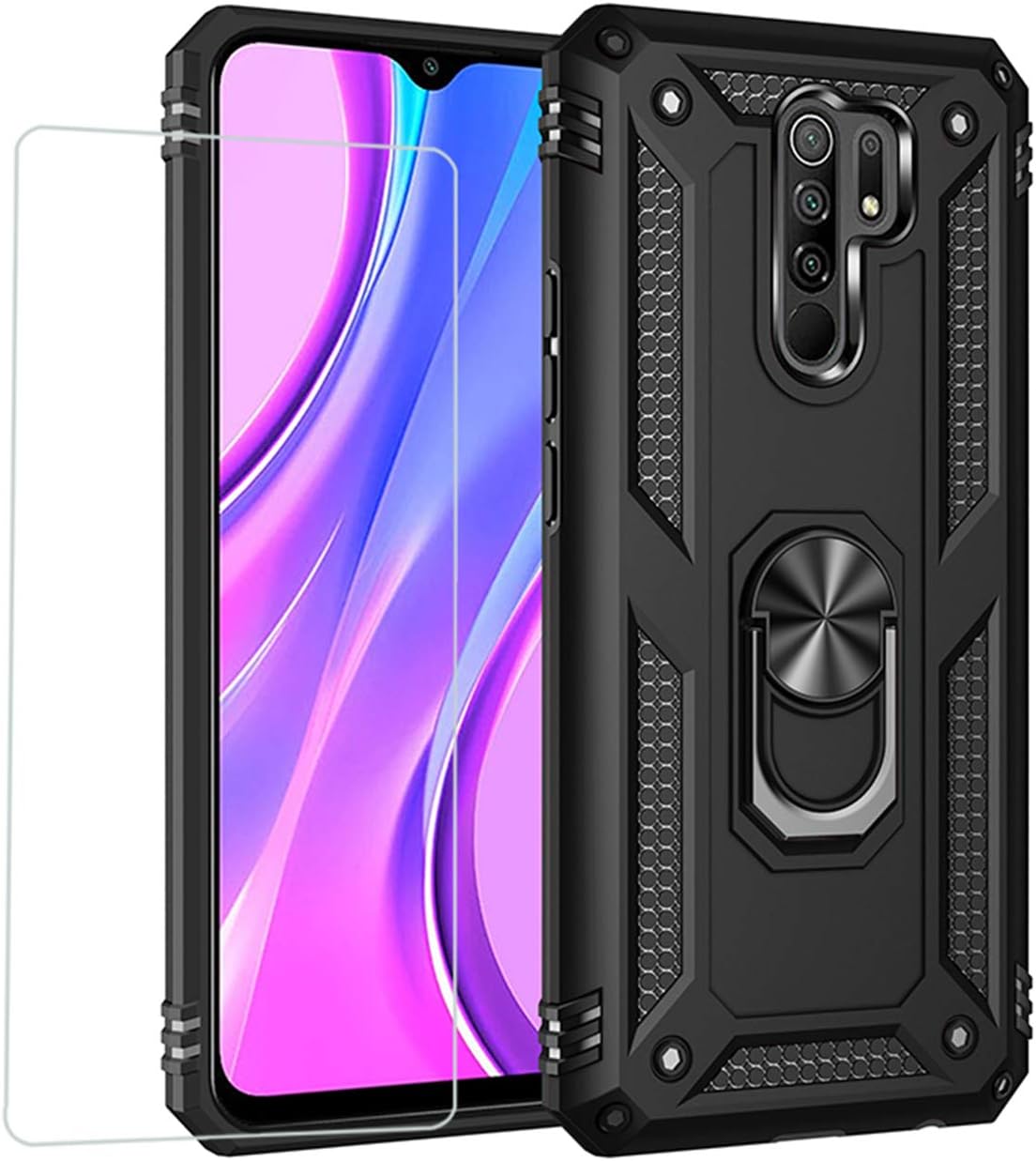 Joytag compatibles para Funda Xiaomi Redmi 9，Carcasa +Cristal Templado Silicona TPU 360 Grados Anillo Giratorio magnético Soporte Caja del teléfono del Coche-Negro