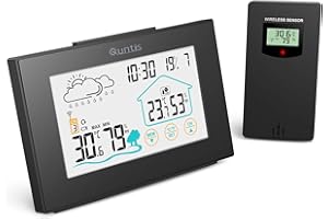 QUNTIS Qunits Digital Wireless Weather Station, Touchscreen Hygrometer Thermometer with Sensor for Indoor Outdoor Home Office, Temperature Humidity Monitoring with Alarm Clock, Time, Date - Black