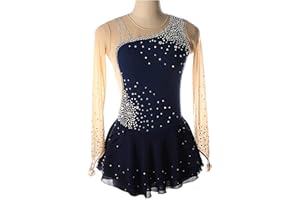 CHENYYING Langärmliges Eiskunstlaufkleid für Damen, Lyrisches Ballett Tanzkostüm mit Glänzendem Strass Mesh, Patchwork Gymnastik Lyrik Tanzkostüm, L, Navy Blue
