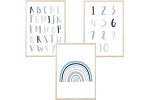 MeinBaby123® Images pour chambre d'enfant,Lot de 3 affiches A4,Alphabet ABC Affiche d'apprentissage chiffres arc-en-ciel,Décoration pour chambre d'enfant garçon, arc-en-ciel, chiffres – bleu)