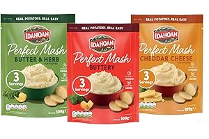 Idahoan Perfect Mash Potato Variety Pack of 3 x 109g - Instant Mashed Potato Butter & Herb, Buttery, Cheddar Cheese Mashed Potaoes Cooks in 1 Minute