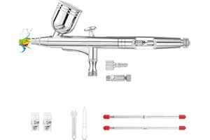 More9Room Airbrush Kit 0.3 mm Airbrush Gun Dual-Action Gravity Feed Kit, 1/2 & 1/4 OZ Fluid Cup, 0.2 mm & 0.5 mm Nozzles Needles Air Caps for Nail Art Painting Makeup Cake