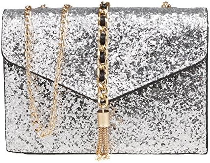 Star Glossy PU leather clamshell Small Square Bag with Metal Tassel Chain Strap lady bags Simple 3 Color Shoulder Messenger Handbags (Silver)