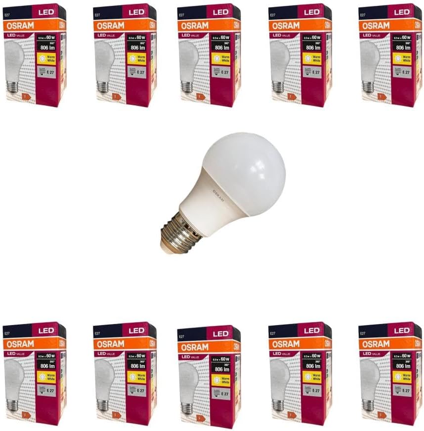 Osram LEDValue 8.5W E27 LED Ampul | 2700K Sıcak Sarı Işık, 806 Lümen, 60W Eşdeğer | Enerji Tasarruflu Ampul – 10'lu Paket