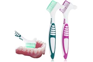 WLLHYF Juego de 2 cepillos de dientes para dentaduras postizas de doble cara, limpiador de, cerdas multicapa, mango de goma (verde/morado)