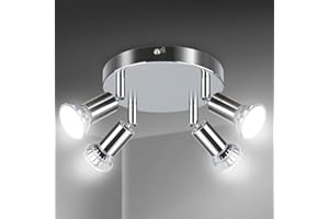 Creyer LED Ceiling Light Rotatable, 4 Way Round Plate LED Ceiling Spot Lights, ø110mm (Including 4x4W GU10 LED Light Bulbs, 450LM, Cool White) LED Ceiling Lamp for Kitchen, Living Room - White Chrome